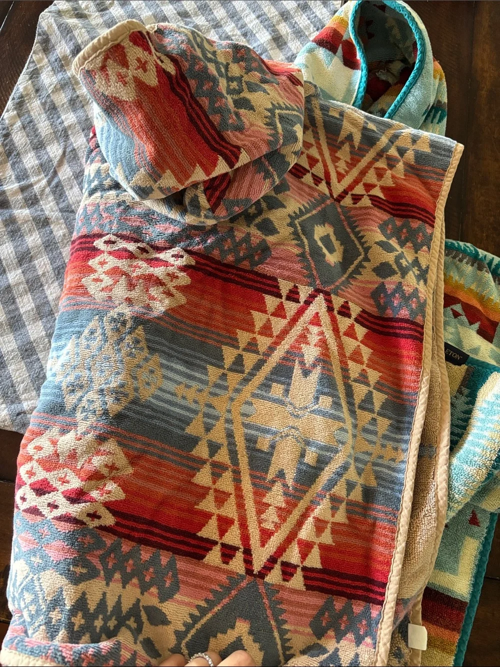 Kids Hooded Poncho Towels - Aqua Tribal Print